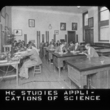 “He studies applications of science,” ca. 1920. Girard College Historical Collections.